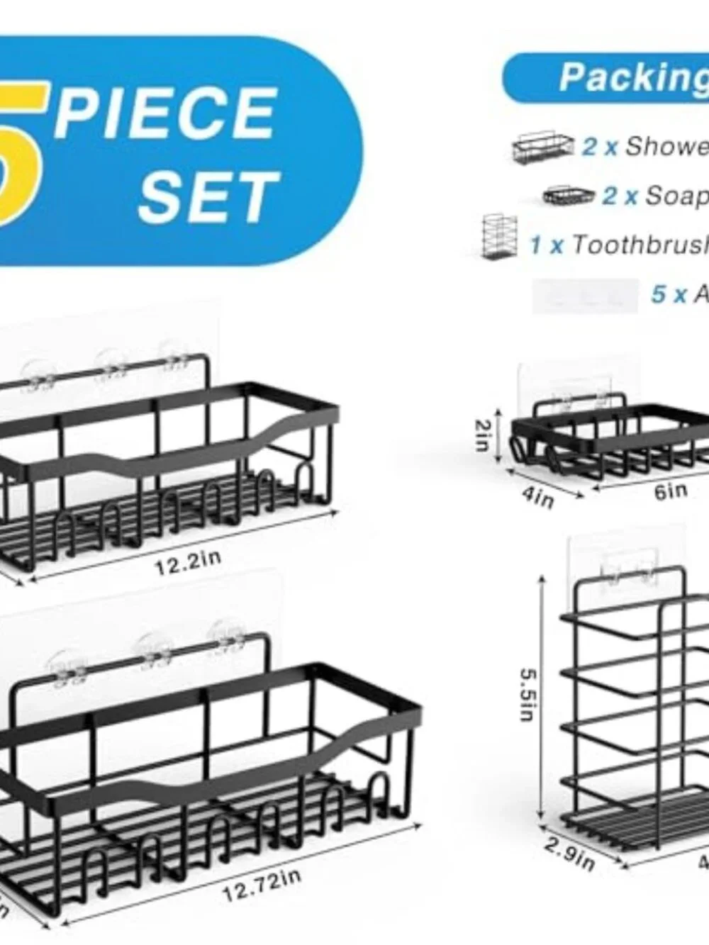 Adhesive Shower Caddy, 5 Pack Rustproof Stainless Steel Bath Organizers